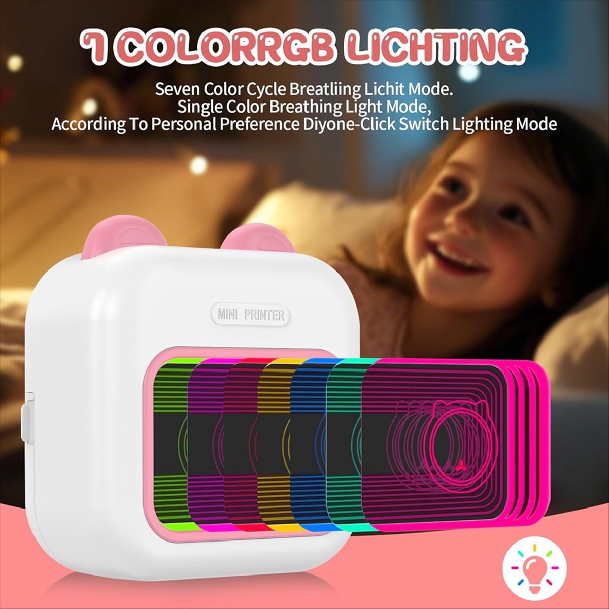 Mini Pocket Thermal Printer Paper Roll - เครื่องพิมพ์สติกเกอร์ขนาดเล็ก ไฟ RGB บลูทูธ เครื่องพิมพ์พกพาแบบไร้หมึก พร้อมกระดาษความร้อน
