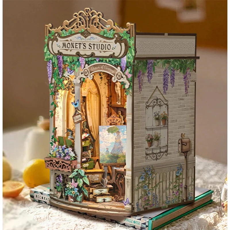 Diy Wooden Book Nook Kit Shelf Insert - ชุดประกอบโมเดลชั้นวางหนังสือไม้สไตล์สตูดิโอของโมเนต์ พร้อมไฟและที่กั้นหนังสือรูปดอกไม้ สำหรับเป็นของขวัญวันเกิดให้เพื่อน