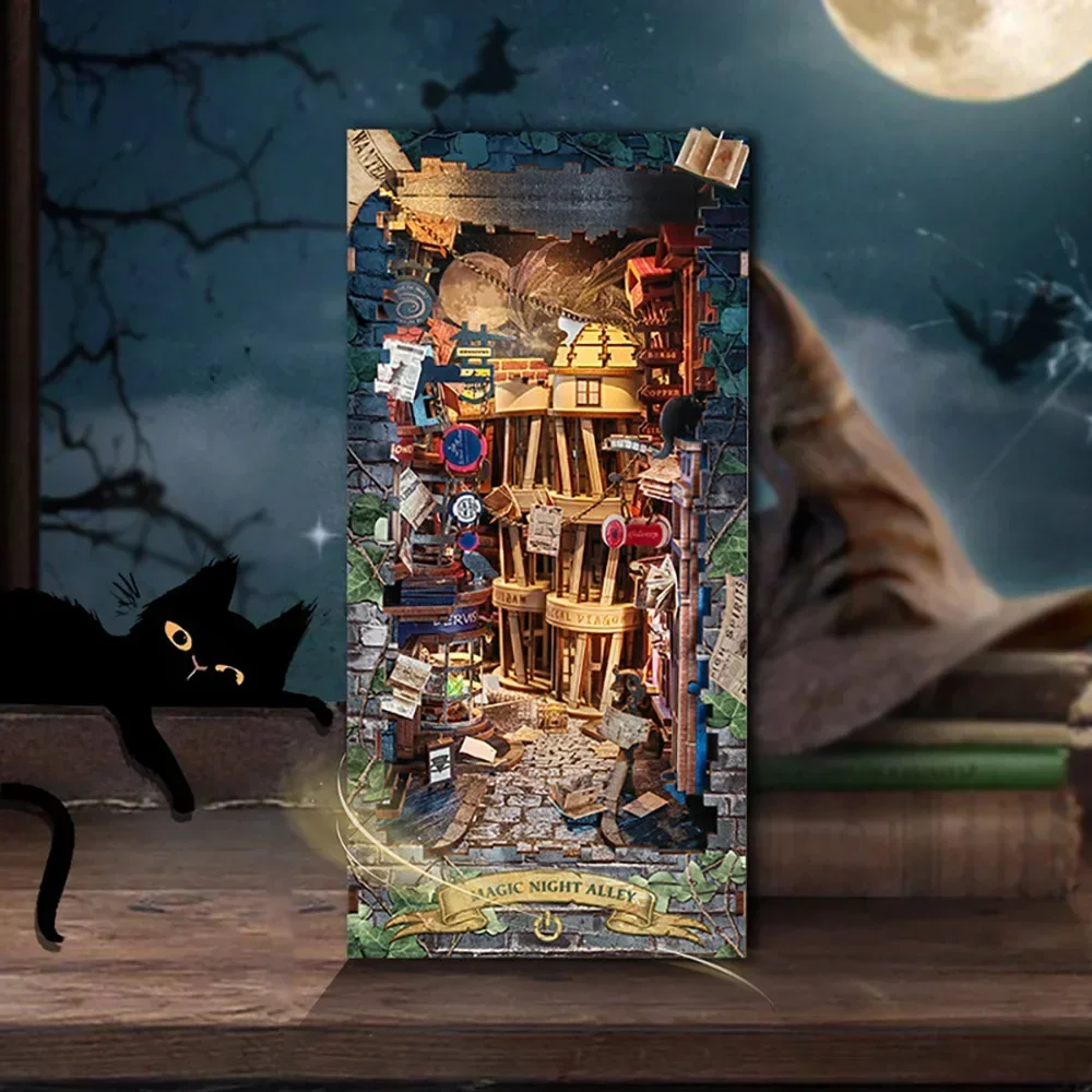 Diy Wooden Book Nook Kit Shelf Insert - ชุดประกอบชั้นวางหนังสือไม้สไตล์เรโทร DIY รุ่น Magic Night Alley