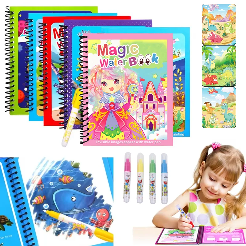 Reusable Water Magic Coloring Book - สมุดวาดภาพน้ำวิเศษพร้อมปากกาน้ำ สมุดระบายสีแบบใช้ซ้ำได้ ของเล่นเสริมพัฒนาการสำหรับเด็ก