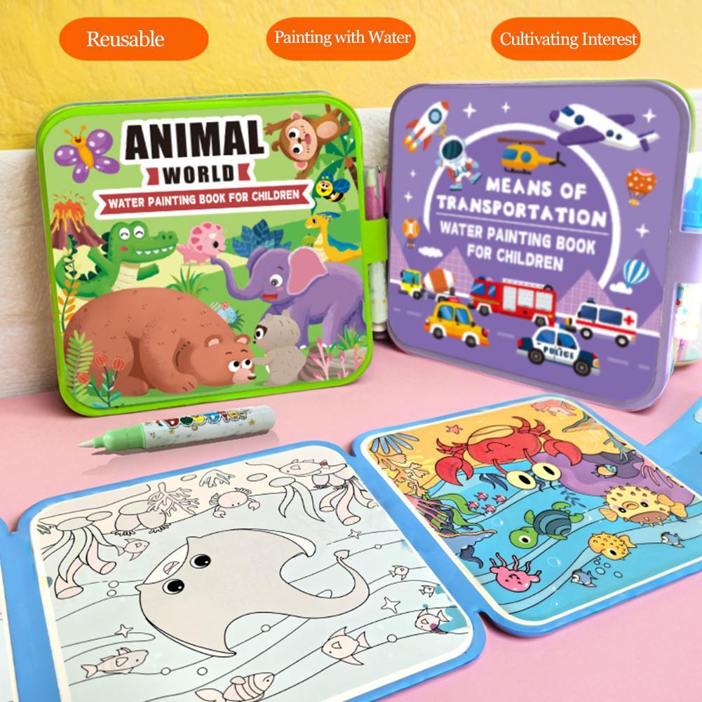 Reusable Water Magic Coloring Book - สมุดระบายสีน้ำแบบพับได้สำหรับเด็ก, แผ่นระบายสีมายากลแบบใช้ซ้ำได้พร้อมปากกา, สมุดวาดภาพสัตว์และโลกใต้ทะเลเพื่อการศึกษา